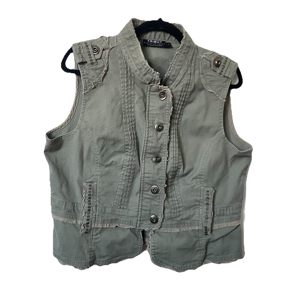 Tribal Olive Green Utility Vest Kids Size 16 Ruffle Sequin Military Button Up